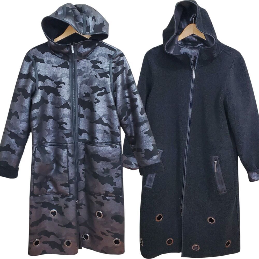 NIKKI JONES Montreal Coat Women size M Camo Metallic + Sherpa Hooded Reversible
